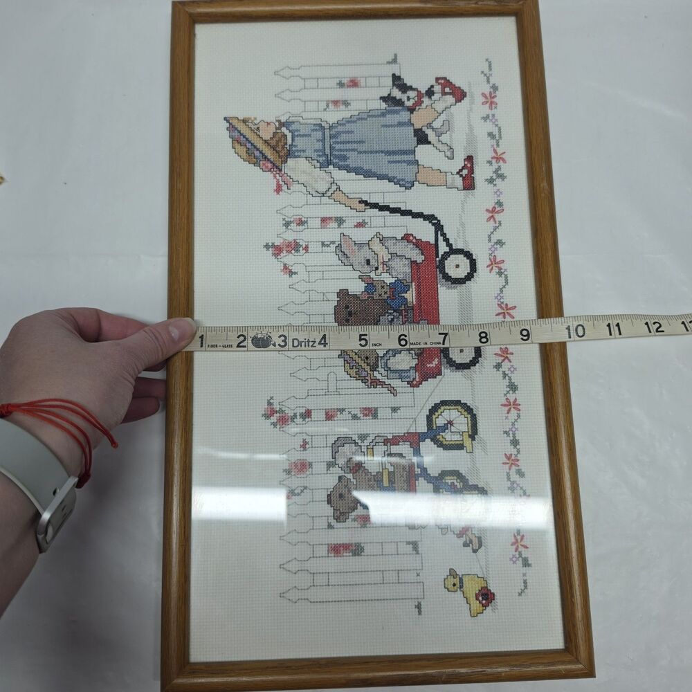 Vintage Framed Handmade Cross Stitch Embroidery 17"x10" Girl With Toys In Cart - Picture 6 of 7